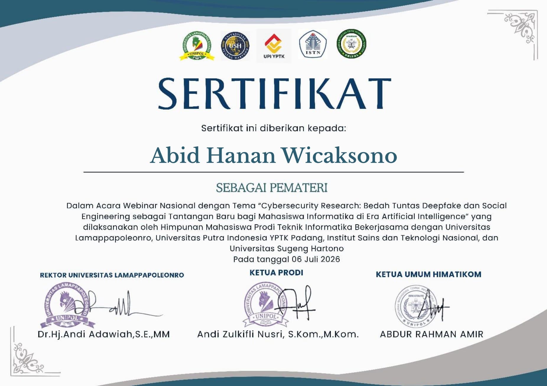Certificate Cybersecurity Research National Webinar