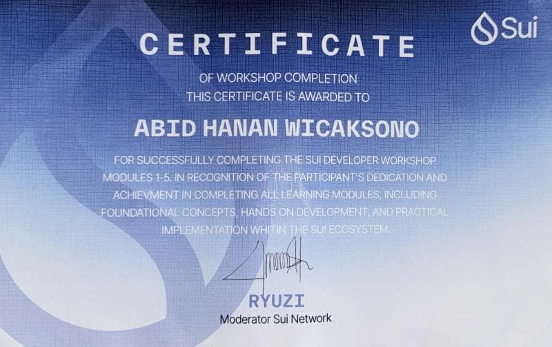Certificate Sui Developer Workshop